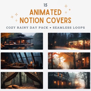 Könnte beinhalten: 15 animierte Notion-Cover mit gemütlichen Regentagsszenen. Die Cover zeigen eine Hütte an einem See, ein Zimmer mit großen Fenstern, ein Zelt in einem Wald und eine Straße mit Häusern. Die Cover sind perfekt, um Ihrem Notion-Arbeitsbereich eine gemütliche Atmosphäre zu verleihen.