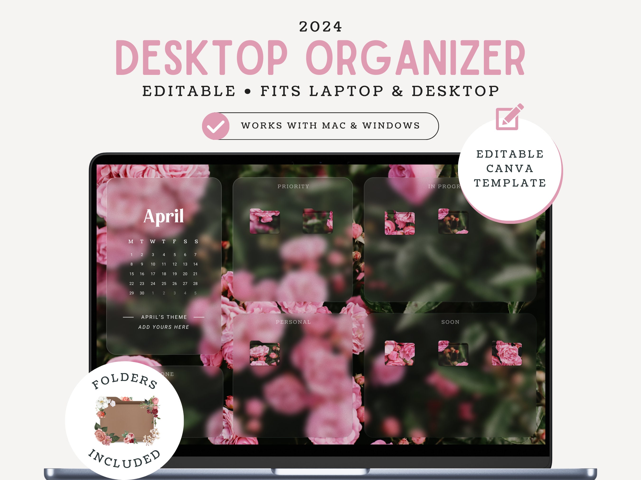 2024 Desktop Organizer Wallpaper With Calendar Floral Aesthetic Wallpaper  With Free Folder Icons Floral Organizer Wallpaper Pink Roses - Etsy