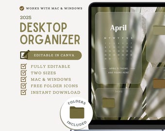 2025 Editable Desktop Organizer Wallpaper with Calendar, Customizable Canva Template, Boho Wallpaper 2025 Desktop Organizer & Folder Icons