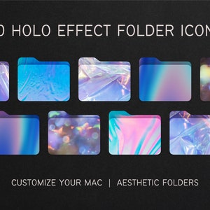May include: 80 holographic effect folder icons for customizing your Mac. The icons feature a variety of iridescent colors and patterns, including blue, pink, and purple.