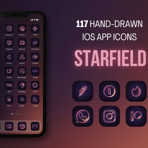 HAND DRAWN iOS app icons futuristic glass look dark icon pack pink and purple app icons for iPhone and iPad