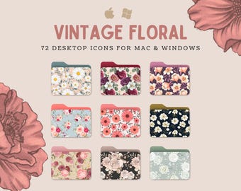 Aesthetic folder icons for Mac and Windows, Vintage patterned floral desktop icons, instant download