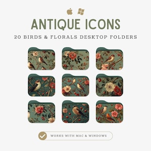 May include: Antique Icons digital desktop folders featuring bird and floral designs. The folders have a teal background with illustrations of birds and flowers. The text "Antique Icons" and "20 Birds & Florals Desktop Folders" are displayed.