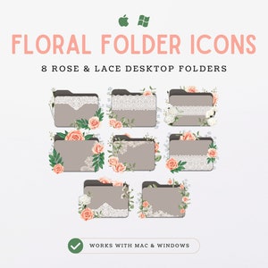 Op de afbeelding: Acht bloemmap-pictogrammen met een rozen- en kantontwerp. De pictogrammen zijn beige met witte kant en roze rozen. De tekst "Floral Folder Icons" en "8 Rose & Lace Desktop Folders" wordt boven de pictogrammen weergegeven. De tekst "Works with Mac & Windows" wordt onder de pictogrammen weergegeven.