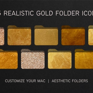 May include: 95 realistic gold folder icons for customizing your Mac. The icons feature different gold textures, including glitter, brushed, and wood grain.