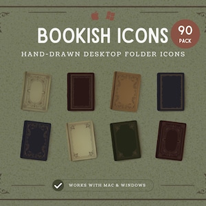 May include: An image featuring a collection of "Bookish Icons" for desktop folders. The icons are designed to resemble antique books in various colors, including beige, brown, and navy. The image also includes the text "90 PACK" and "WORKS WITH MAC & WINDOWS."