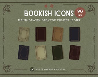 May include: An image featuring a collection of "Bookish Icons" for desktop folders. The icons are designed to resemble antique books in various colors, including beige, brown, and navy. The image also includes the text "90 PACK" and "WORKS WITH MAC & WINDOWS."