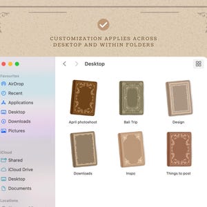 May include: A computer screen displays a desktop with custom folder icons. The icons are designed to look like vintage books. Text on the screen reads "CUSTOMIZATION APPLIES ACROSS DESKTOP AND WITHIN FOLDERS."