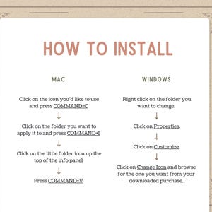 May include: A beige instructional graphic with the title "HOW TO INSTALL" in pink. Instructions are provided for both Mac and Windows, detailing steps with arrows and commands like COMMAND+C and COMMAND+V.