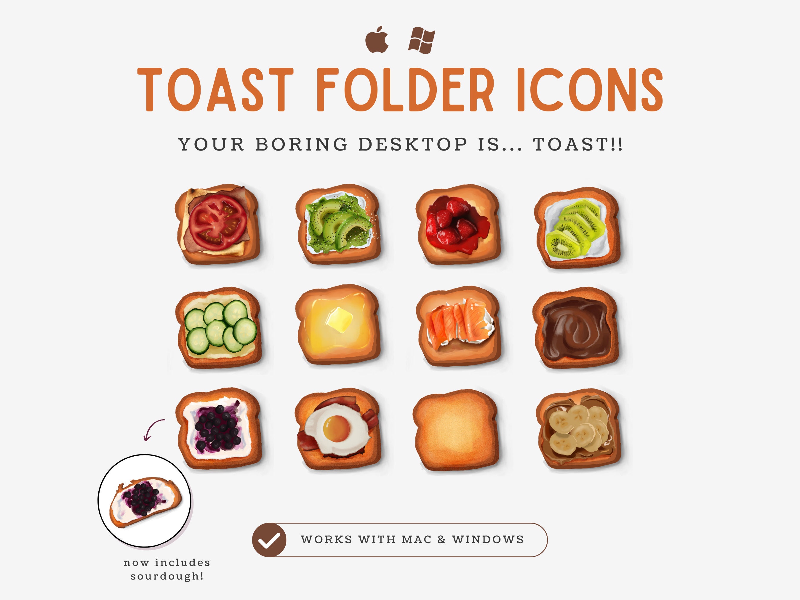 Cute Toast Folder Icons for Mac and Windows, Desktop Icons Kawaii, Toast Icons for Desktop, Custom Folder Icons