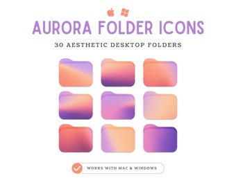 Op de afbeelding: Afbeelding van negen bureaubladmapiconen met een gradiëntontwerp in tinten paars, oranje en perzik. De tekst "AURORA FOLDER ICONS" staat bovenaan, met daaronder "30 AESTHETIC DESKTOP FOLDERS". De afbeelding vermeldt ook "WORKS WITH MAC & WINDOWS."