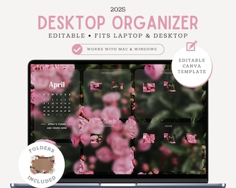 2025 Desktop Organizer Wallpaper with Calendar Floral Aesthetic Wallpaper with Free Folder Icons Editable Organizer Wallpaper Pink Roses