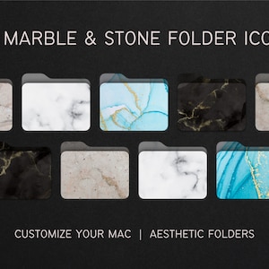 Puede incluir: 69 iconos de carpeta de mármol y piedra para personalizar tu Mac. Los iconos presentan una variedad de patrones de mármol y piedra en diferentes colores, incluyendo blanco, negro, azul y dorado.