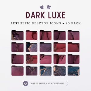 May include: A set of 20 aesthetic desktop icons featuring a dark, burgundy and gold marble design. The icons are compatible with both Mac and Windows operating systems.  DARK LUXE AESTHETIC DESKTOP ICONS - 20 PACK