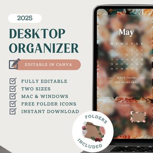 2025 Desktop Organizer Wallpaper with free matching desktop icons, Spring desktop wallpaper organizer, Editable Canva template