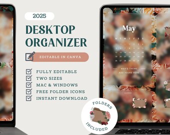 2025 Desktop Organizer Wallpaper with free matching desktop icons, Spring desktop wallpaper organizer, Editable Canva template