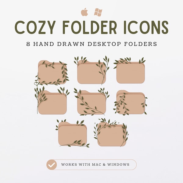 Cozy Hand Drawn Folder Icons, Boho Plants and Leaves, Desktop Folder Icons for Mac and Windows, Cute & Aesthetic Desktop Icons for Students