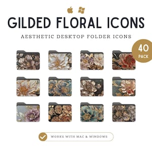 May include: A set of 40 gilded floral folder icons for desktop use. The icons feature a variety of floral designs with gold accents. The icons are compatible with both Mac and Windows operating systems.