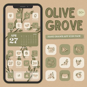 May include: A digital phone screen with a calendar showing 27th April and a grid of app icons with a green and brown leafy design. The text "OLIVE GROVE" is written in a green and brown font with the text "HAND DRAWN APP ICON PACK" below it.