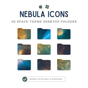 May include: Nine desktop folder icons with nebula-themed designs. The folders feature a variety of colors, including blues, golds, and browns, with a space theme. The text "NEBULA ICONS" and "20 SPACE-THEME DESKTOP FOLDERS" are displayed above the icons. The icons work with Mac & Windows.