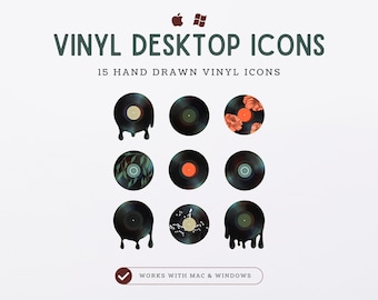May include: An image featuring nine hand-drawn vinyl desktop icons. The icons are black with various center label designs, including floral and abstract patterns. The text "VINYL DESKTOP ICONS" is at the top, with the Apple and Windows logos.