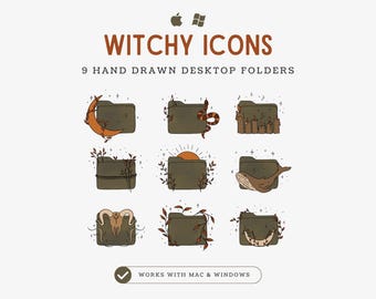 May include: Nine hand-drawn desktop folder icons with a witchy theme. Each folder is a muted green-brown color and features a different design, including a crescent moon, snake, candles, sunset, whale, and ram skull. The text at the top says "Witchy Icons".