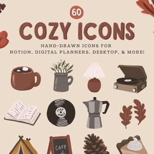 Peut inclure: Un ensemble de 60 icônes confortables dessinées à la main pour les planificateurs numériques, Notion et le bureau. Les icônes présentent une variété de thèmes automnaux et hivernaux, notamment une tasse à café, un livre, un tourne-disque, une lampe, une pomme de pin, une enseigne de café, une tente et une tarte.