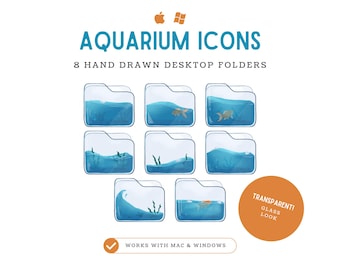 May include: A digital art image featuring eight hand-drawn desktop folder icons with an aquarium theme. Each folder has a transparent glass look and contains blue water, some with fish and aquatic plants. The text "AQUARIUM ICONS" is at the top.