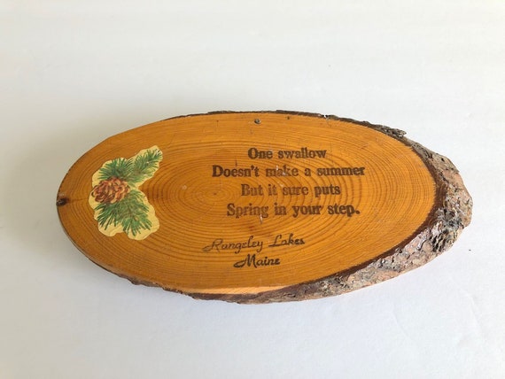 wooden wood plaque decoupage oval wood slice slab tourist souvenir wall sign wall decor Rangeley Lakes Maine swallow summer spring step