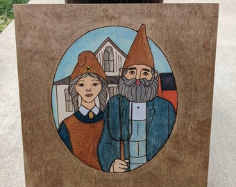 Gnome American Gothic Pyrography and Watercolor Wood Wall art
