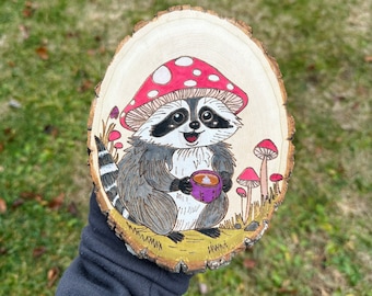 Handmade Basswood Round Pyrography Raccoon Mushroom Coffee Wall Art