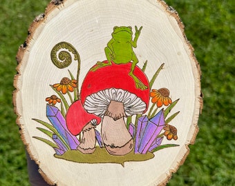 Frog on a Mushroom with Crystals and Flowers Wood Wall Art