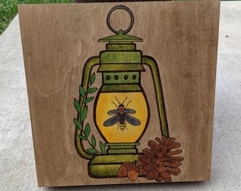 Firefly Lantern Wood Canvas Pyrography and Watercolor