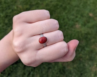 Size 6 Handmade Sterling silver red coral ring