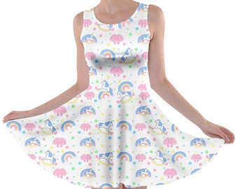 Rocking Horse and Rainbows Skater Dress - Cute Yume Kawaii Fairy Kei Himekaji Harajuku Sweet Soft Baby Women's Fashion Style Flare Dress