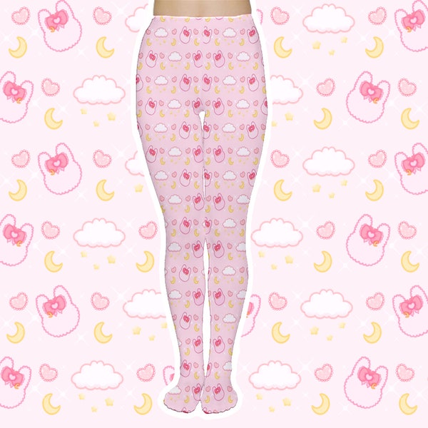 Fluffy Pink Bunny, Clouds & Stars Tights - Soft Pastel Cute Yume Kawaii Fairy Kei Harajuku Jfashion Sweet Lolita Japanese Street Fashion