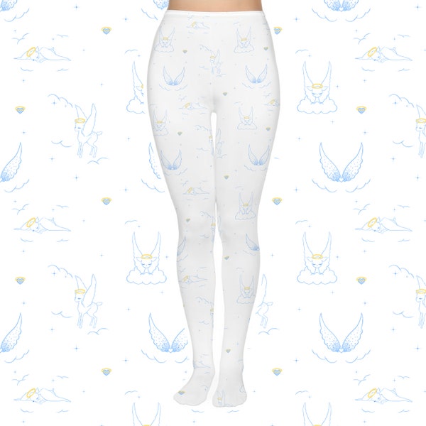 Sweet Lolita Tights - Angel, Fawn, Heaven, Halo, Clouds, Cute baby animal, Vintage, Women's Winter Fashion, Gifts for her - White and Blue