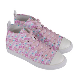 Pink Striped Carnival Women's Mid-Top Canvas Sneakers Shoes - Fair Fairy Kei Cute Kawaii Harajuku Party Confetti Ticket Hearts Soft Pastel