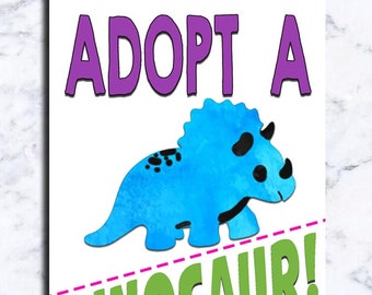 Adoptera en dinosaurie - UTSKRIVBAR festskylt - Borddekoration för tjej eller pojke - Akvarell