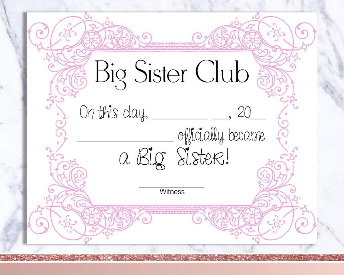 Big Sister Certificate Big Sister Club Color Options | Etsy