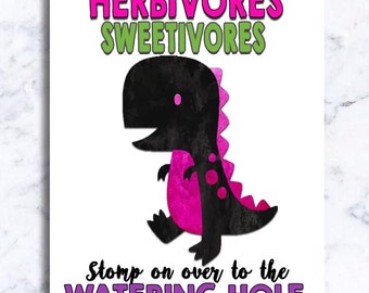 Vattenhålsskylt - Dinosauriefest - Flickadinosauriefest - UTSKRIVBAR - Akvarell
