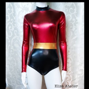 Red Elastic Girls bodysuit / Long Sleeve Leotard/ Turtleneck / Bodysuit/ Women's Leotard/ Dance/ Gymnastics / Metallic Spandex/ costume suit