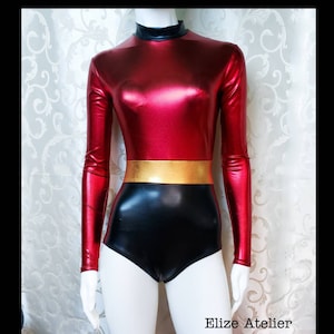 Red Elastic Girls bodysuit / Long Sleeve Leotard/ Turtleneck / Bodysuit/ Women&#39;s Leotard/ Dance/ Gymnastics / Metallic Spandex/ costume suit