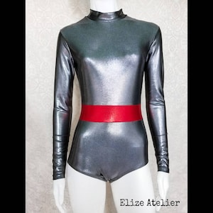 Gray Elastic Girls bodysuit / Long Sleeve Leotard/ Turtleneck / Bodysuit/ Women&#39;s Leotard/ Dance/ Gymnastics / Metallic Spandex