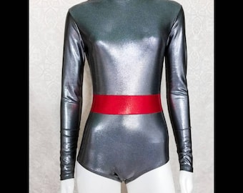 Gray Elastic Girls bodysuit / Long Sleeve Leotard/ Turtleneck / Bodysuit/ Women's Leotard/ Dance/ Gymnastics / Metallic Spandex