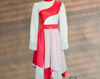 Pricila Crimson Dance Woman Bell Sleeve Dress/ Mock Neck Colorful Two Layer Peak Dress/Dance Garment/ Worship/ Praise/Tunic/Vestido Danza