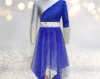 CUSTOMIZED Royal Blue/White Elizabeth Dance Woman Elbow Sleeve Dress/ Mock Neck Colorful Two Layer Peak Dress/Dance Garment/ Overlay/Worship