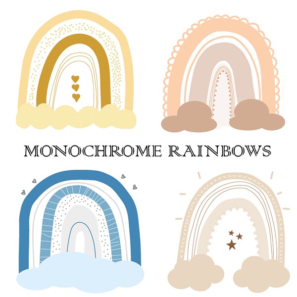 Cute digital MONOCHROME pastel rainbows, transparent backgrounds for easy copy & paste to social media, Clip art, Stickers, Gift for her