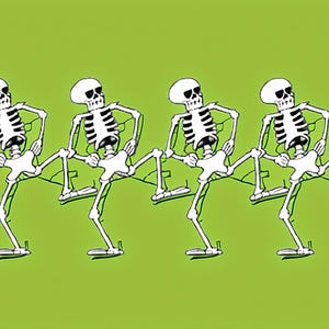 May include: A repeating graphic pattern featuring four identical white skeletons with black outlines, each posed in a high-stepping dance move with hands on hips, set against a solid, vibrant lime green background.