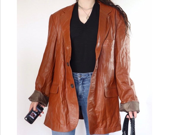 Vintage orange brown blazer leather jacket